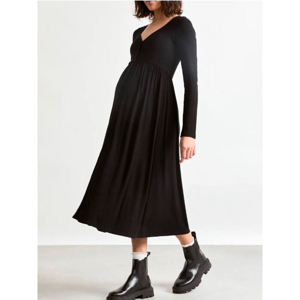 Hatch Maternity Softest Rib Nursing Dress Black Long Sleeve V-Neck - 0 / XSmall